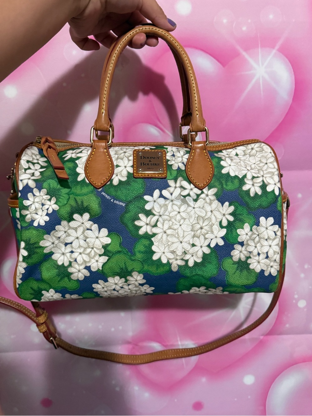 Dooney & Bourke Blue Floral Satchel with Green and White Print and Tan Trim